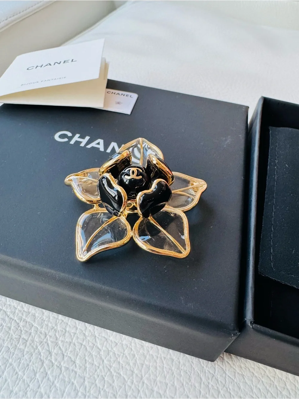 CHANEL New 2026 Black, Clear and Gold Camellia Brooch